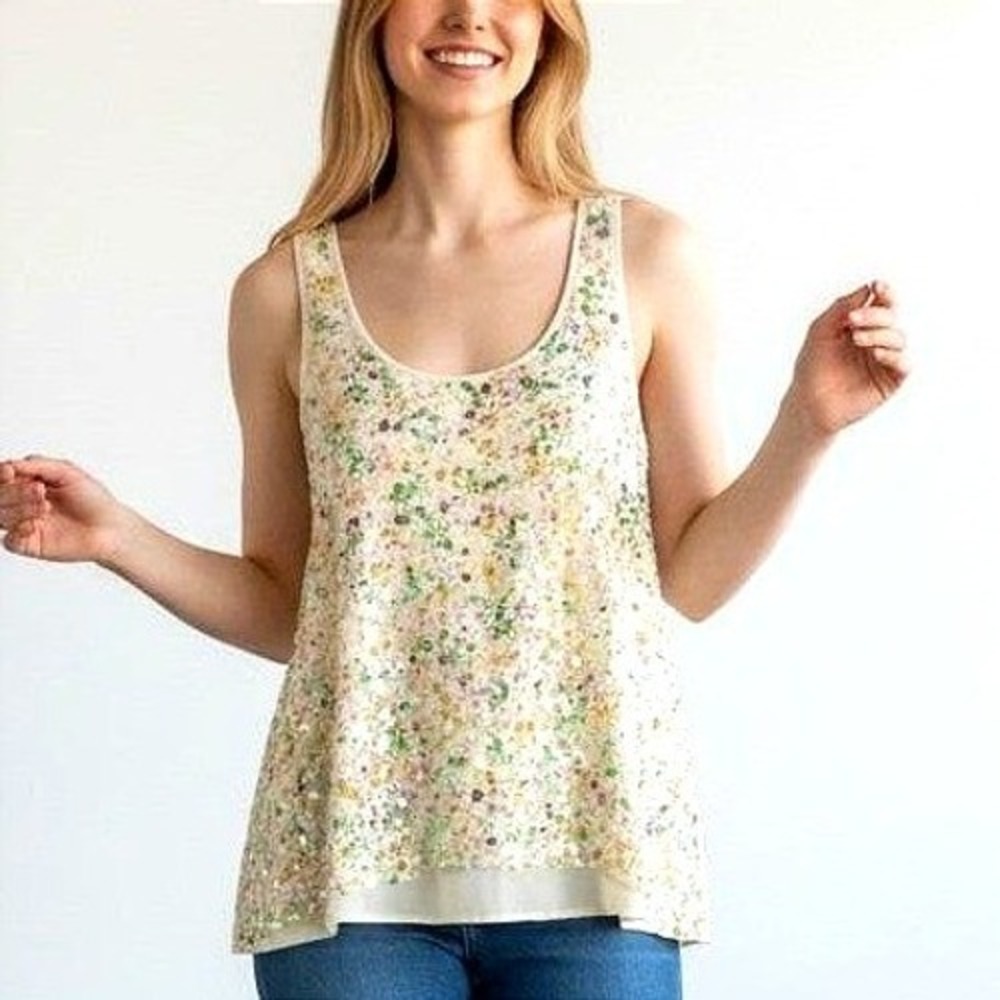 Vintage Love 21 Women Cream Multi Color Sequin Sleeveless Tank Top Back Cutout M